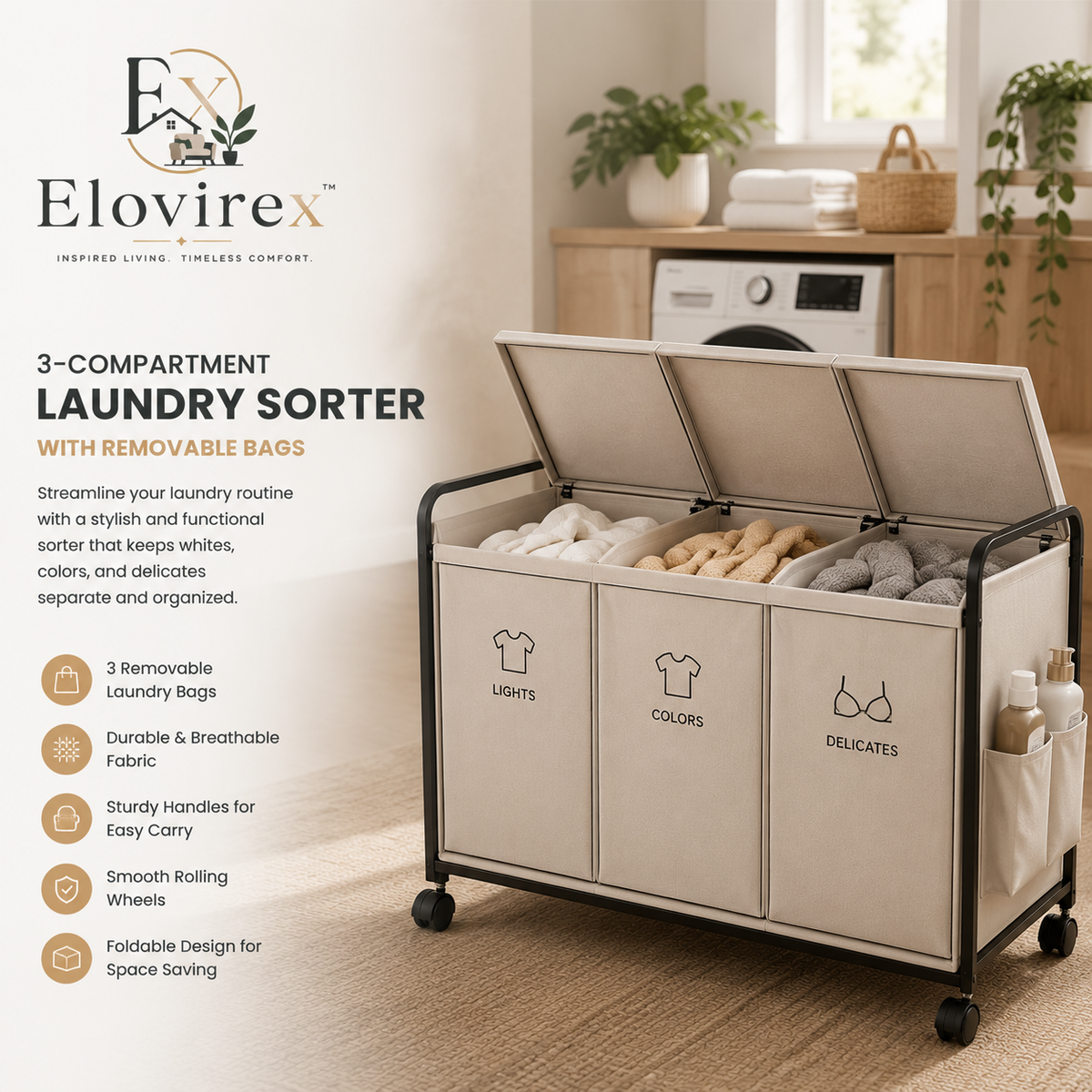 Elovirex™ 3-Compartment Laundry Sorter Cart