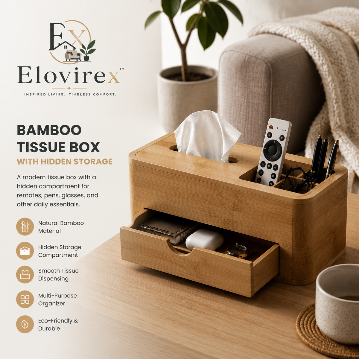 Elovirex™ Bamboo Tissue Box with Hidden Storage Drawer